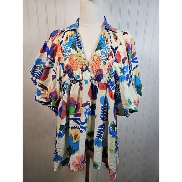 Entro Tops - Entro Vibrant Floral Smocked Blouse Women's Size S Bohemian Colorful Party